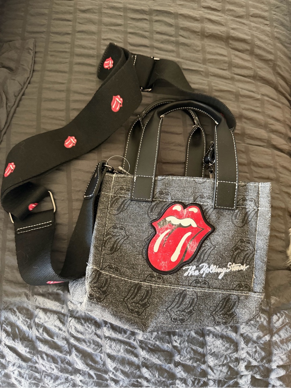 The Rolling Stones Black Crossbody Bag with Red Tongue Patch